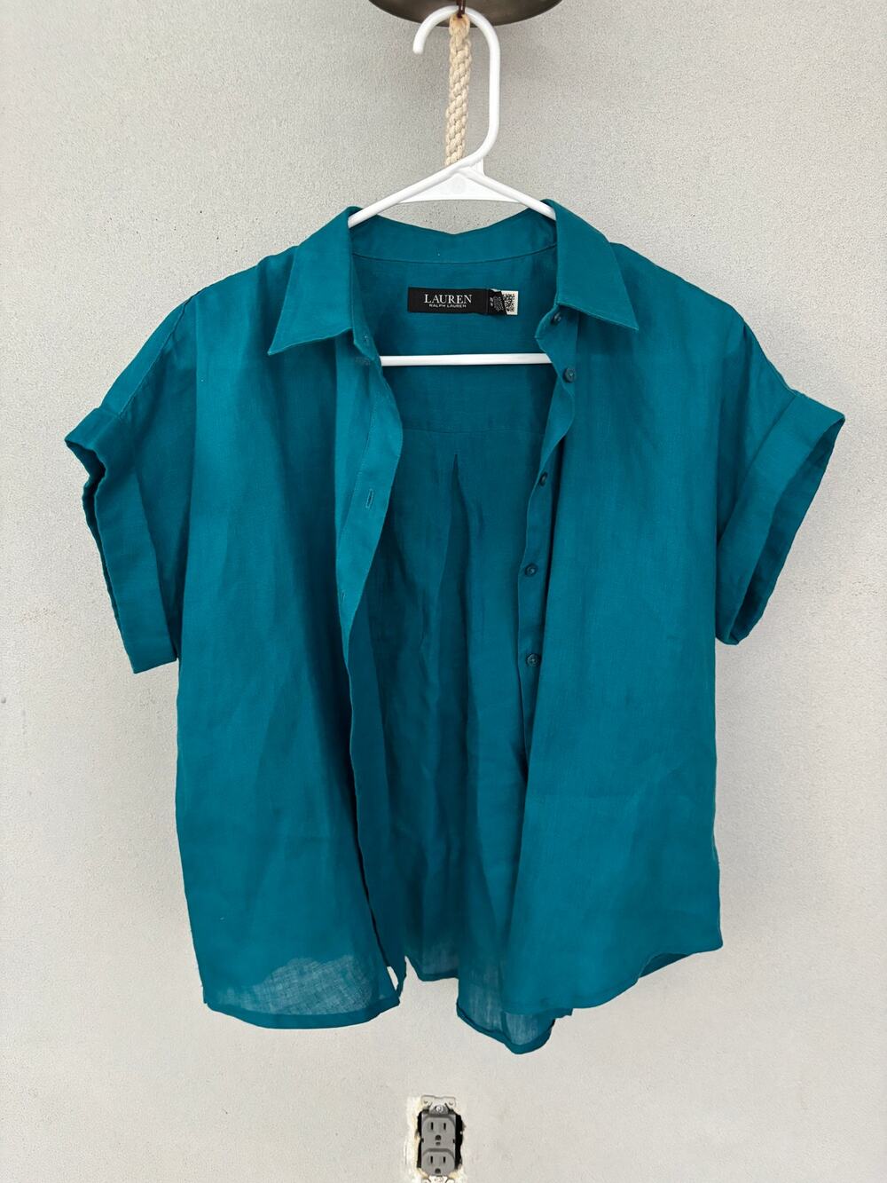 Lauren by Ralph Lauren Oversized Linen Short Sleeve Button Up Blouse Teal